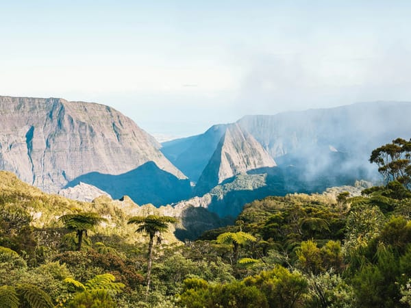 Fern-covered ridges and rock walls of a cirque in Réunion Island in warm light